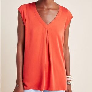Anthropologie V-Neck Cap Sleeve Top in Coral Orange